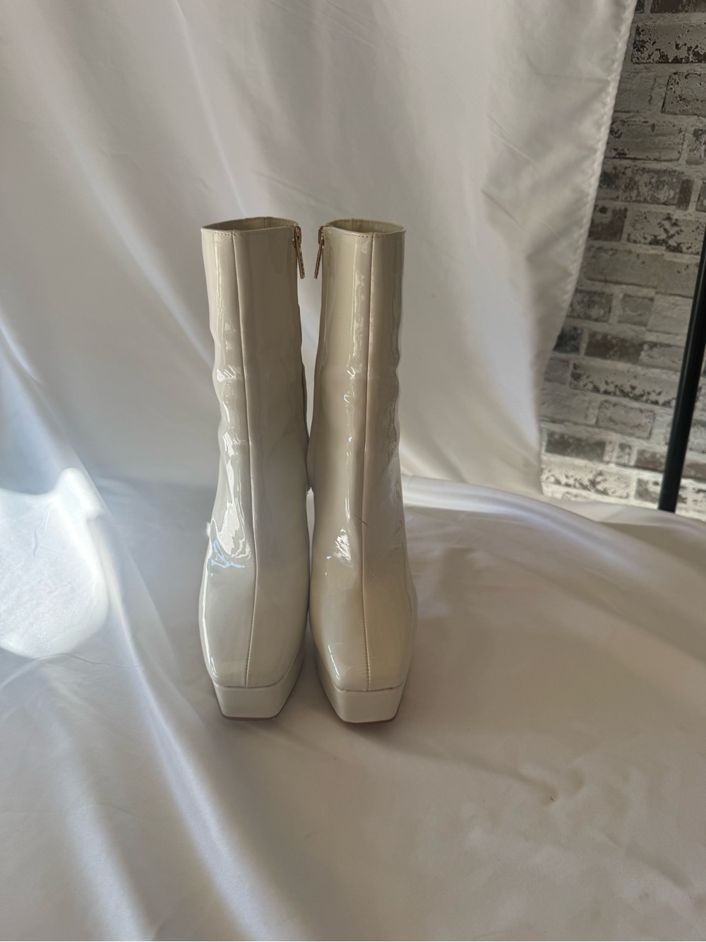 Guess Cream Patent Square-Toe Ankle Booties with Block Heel